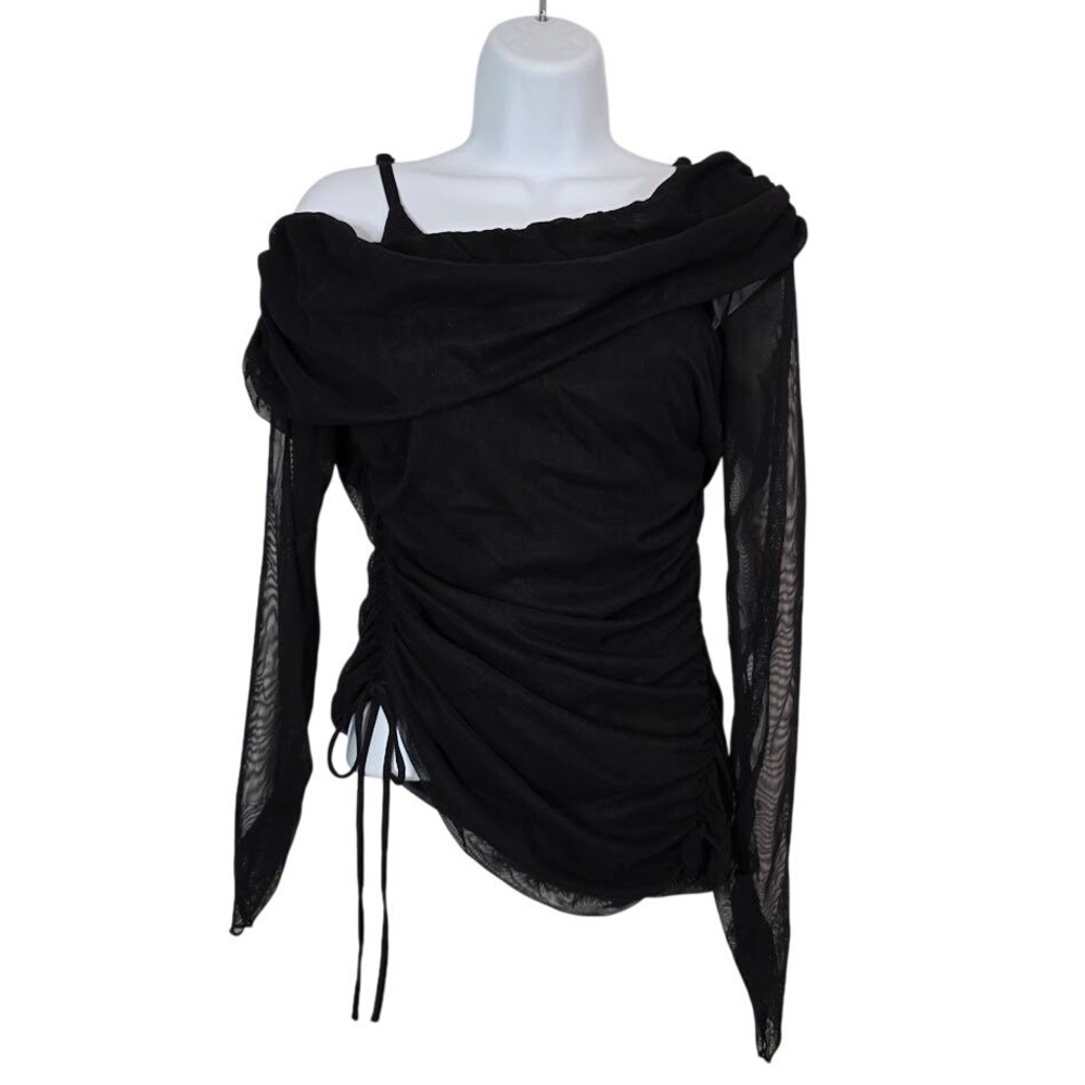 Jonathan Simkhai Womens M Nia Draped Top Black Mesh Ruched Asymmetrical NWT